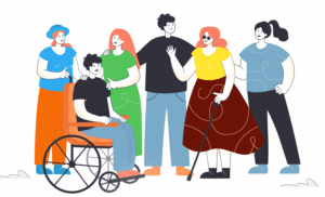 Capacitismo. Ilustração de pessoas com deficiência e sem deficiência