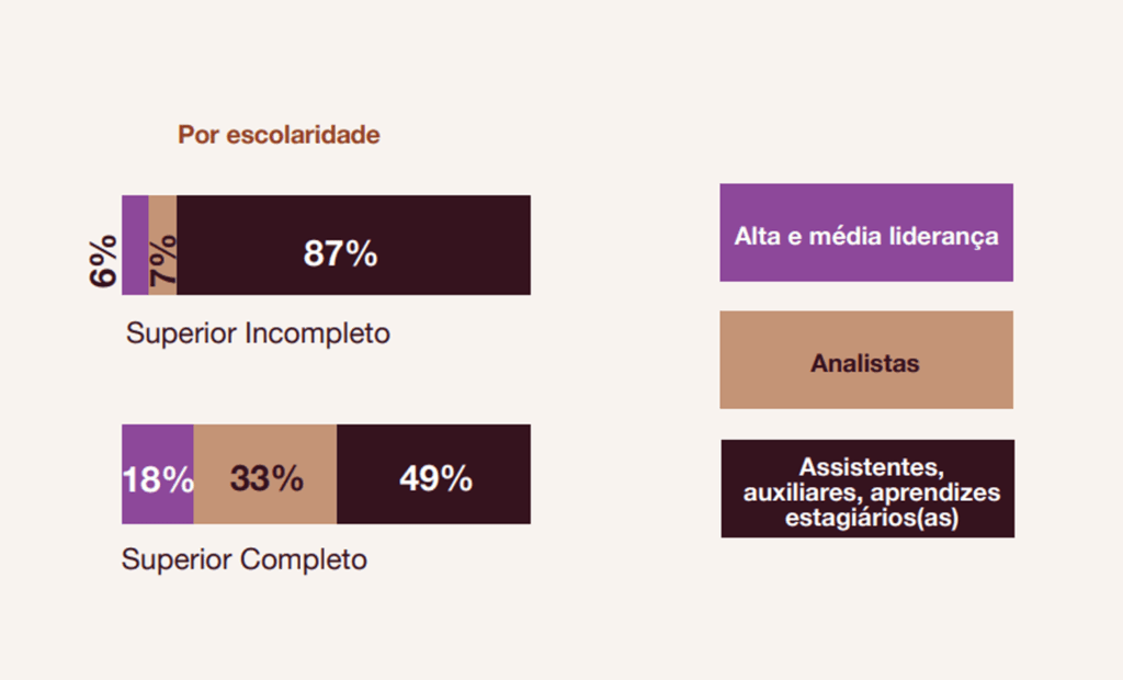 estudo. Banner apresentando o porcentagem e cargos que as pessoas ocupam quando possuem ensino superior completa e incompleto.