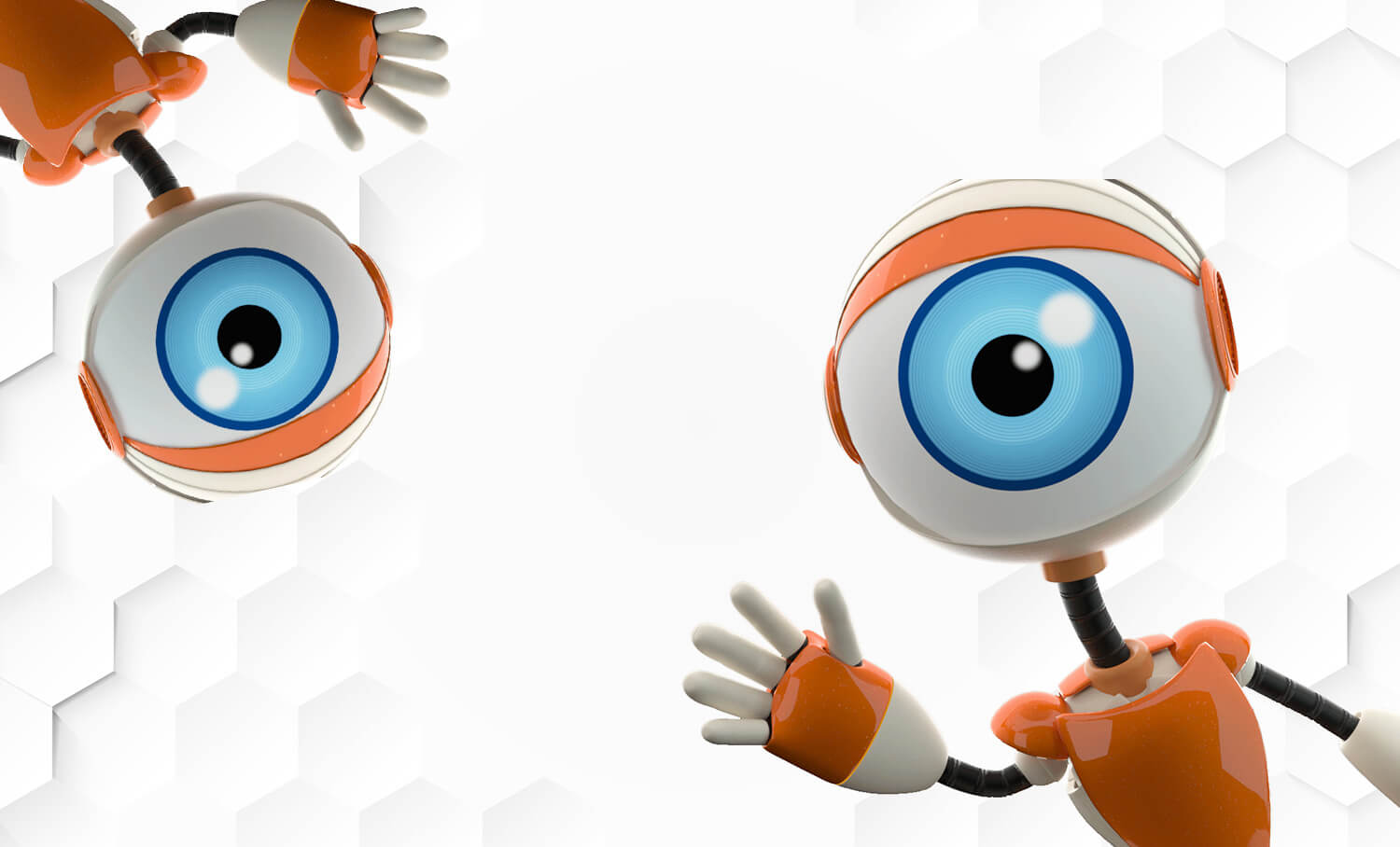 Dois robôs com olhos azuis grandes e braços laranja sobre fundo branco hexagonal, simbolizando vigilância tecnológica e inclusão digital.